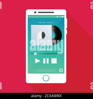 Illustration with a mobile phone in flat style with a musical player interface Stock Vector
