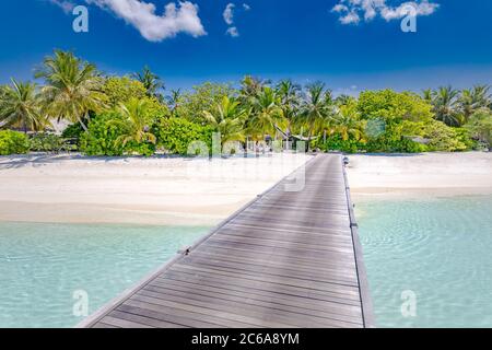 Beautiful beach with jetty, palm trees and moody sky. Summer vacation travel holiday background. Maldives paradise beach luxury travel summer holiday Stock Photo