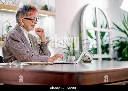 Using modern technologies by mature people. Gorgeous business woman with short colorful hair wearing glasses and blazer sit looking at screen of lapto Stock Photo