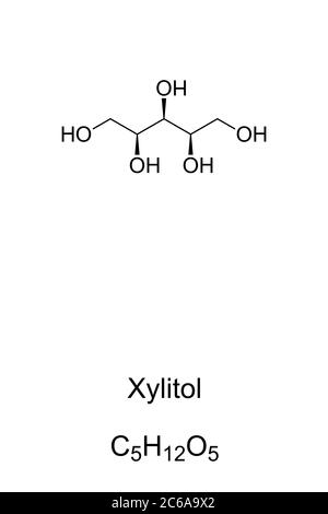 Xylitol, also Xylite, chemical structure and formula. Polyalcohol and sugar alcohol, used as food additive and sugar substitute. Stock Photo