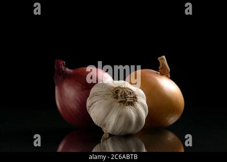 Garlic and two red and brown onions on a black background with a reflection shot in the Studio Stock Photo