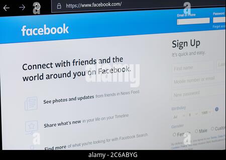 New-York , USA - July 8 , 2020: Register in facebook social network on screen close up view Stock Photo