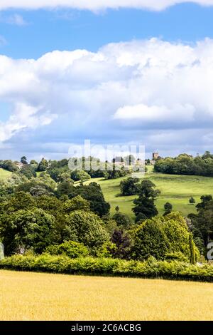A long shot of the hilltop Cotswold town of Stow on the Wold, Gloucestershire UK