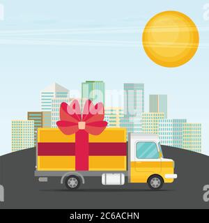 Vector free delivery concept in flat style - illustration for banner for website - transportation truck with a gift Stock Vector