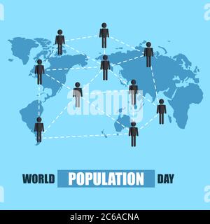 World Population Day, people network and connection, blue world map, poster, template for web, vector illustration Stock Vector