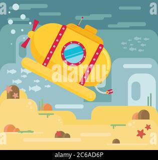 Submarine under water concept vector flat illustration Stock Vector