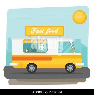 Street food truck vector illustration, food caravan. Burger van delivery. Stock Vector