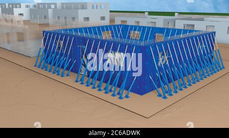 View of a blue metallic formwork system used to build the walls of the first floor of a house in an urbanization under construction. 3D Illustration Stock Photo