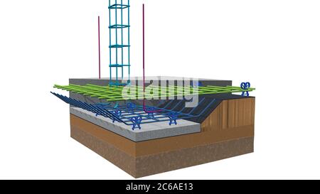 Detail of the union of a column with the metalic structure of the base of a house before pouring the concrete. 3D Illustration Stock Photo