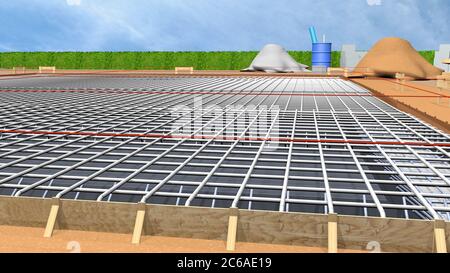 View of the metal structure that forms the foundations of a house under construction on a flat land with blue sky. 3D Illustration Stock Photo