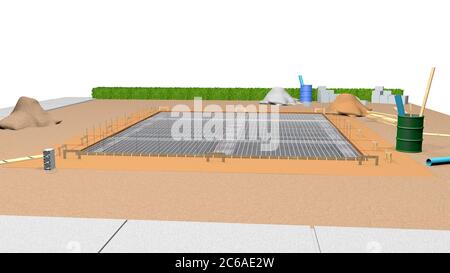 View of the metal structure that forms the foundations of a house under construction on a flat land. 3D Illustration Stock Photo