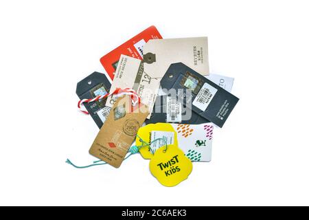 collection of various price label notes on white background. each one is shot separately Stock Photo