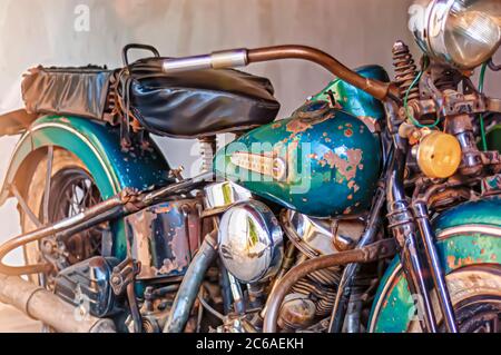 A 1946 vintage Harley Davidson motorcycle/motorbike on display at the Chowmahalla Palace, Hyderabad, Telangana, India. Stock Photo