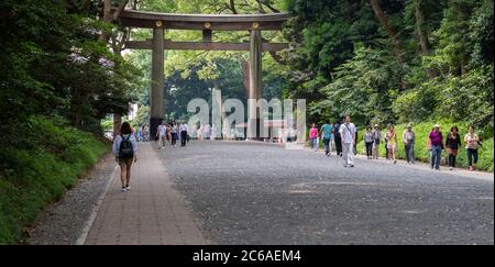 Tourists and visitors walking pass by the huge wooden Torii gate in Meji Jingu Shrine, Tokyo, japan Stock Photo