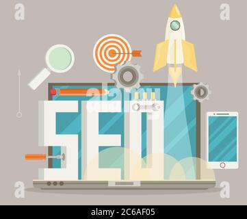 Flat design modern vector illustration concept of SEO word combined from elements and icons which symbolized a success internet searching optimization Stock Vector