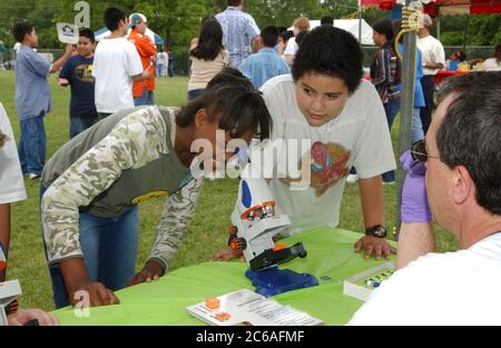 Austin Texas USA, April, 2004: Middle school students 6th and 7th grade learn about water and wastewater issues at City of Austin-sponsored Blue Thumb outdoor science event. Black girl looks at organic matter through microscope.   ©Bob Daemmrich Stock Photo