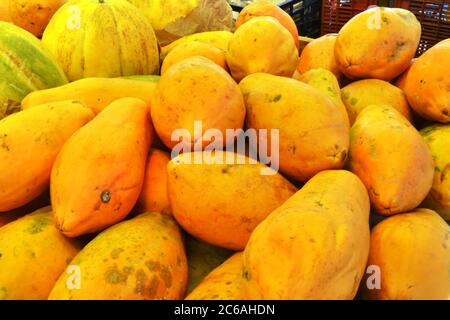 Papaya fruit , in a street fair in the interior of Brazil, where producers directly sell their agricultural products, in a photo zoom, Brazil, South A Stock Photo