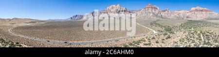 An aerial view shows a beautiful mountain landscape that rises from the desert surrounding Las Vegas, Nevada. This desert area is extremely warm. Stock Photo