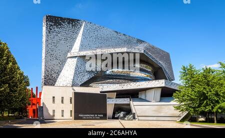 Entrance of the Philharmonie de Paris concert halls complex, designed by french architect Jean Nouvel and built in 2015 in the Parc de la Villette. Stock Photo