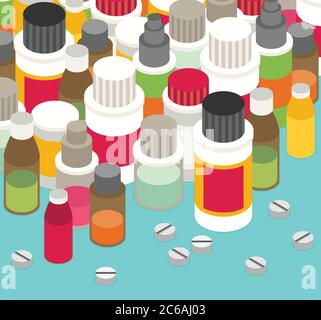 Flat 3d isometric pharmaceutics pharmacy drug web infographics vector illustration Stock Vector