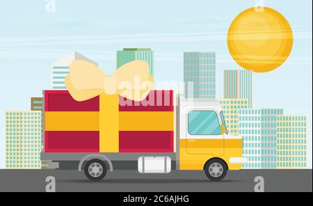 Vector free delivery concept in flat style - illustration for banner for website - transportation truck with a gift Stock Vector