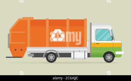 Orange garbage truck transportation. Flat vector. Stock Vector