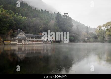 Lake Kinrin Ko with fog in the morning in Yufuin, Kyushu, Japan. Stock Photo