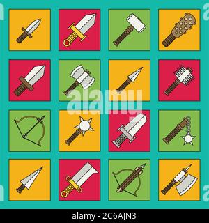 Vector flat game icons set. Medieval weapons Stock Vector