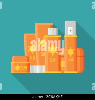 Sunscreen Care Sun Protection Cosmetics vector illustration. cream icon set in flat-style isolation Stock Vector