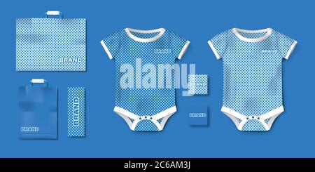 Realistic blue baby bodysuit template isolated. Bodysuit, baby shirt mockup for boy newborn. Branding set of clothes and packaging for kids shop Stock Vector