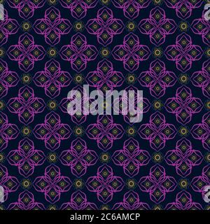 Vector Indonesian batik style floral seamless pattern background. Stylized flowers in purple, gold on dark backdrop. Elegant hand drawn design Stock Vector