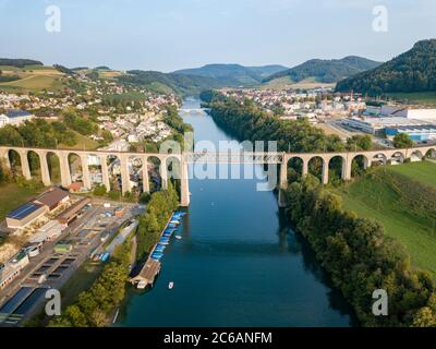 Eglisau, Switzerland August 28 2018 - Aerial image of the Railway bridge over the Rhine river at Swiss town Eglisau, Canton Zurich, which is built in Stock Photo