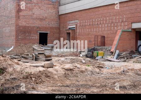 Construction of a brick building using columns Stock Photo
