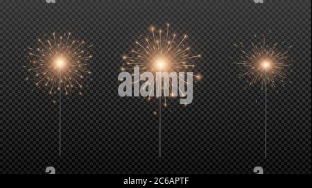 Bengal fire. Sparkler lights isolated on transparent background. Xmas decoration. Vector illustration Stock Vector
