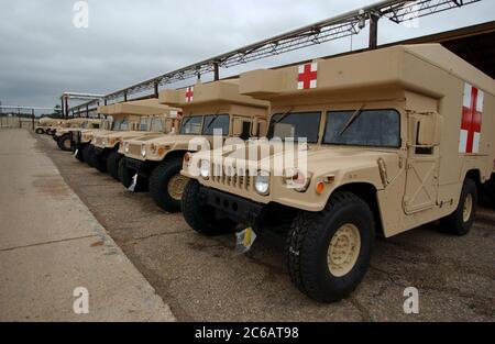 New Boston Texas USA, November 22 2004: Freshly-armored Humvees, newly refurbished at the Red River Army Depot in Northeast Texas, awaiting return to action by U.S. troops in Iraq.  ©Bob Daemmrich Stock Photo