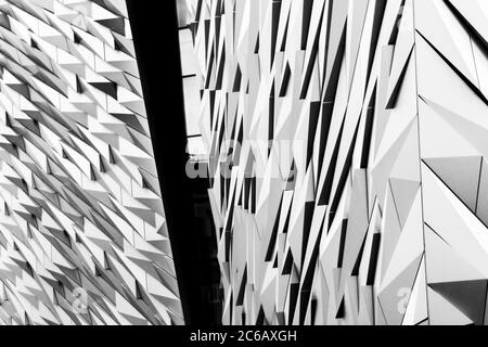 Belfast, Northern Ireland - September 04. 2018: Fasade details of the Titanic Belfast museum on the site of the former Harland and Wolff shipyard wher Stock Photo