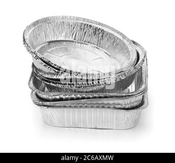 Group of various disposable aluminium foil baking dishes isolated on white Stock Photo