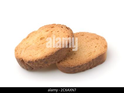 Pair of of wheat baked rusks isolated on white Stock Photo