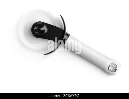 Top view of white plastic pizza cutter isolated on white Stock Photo