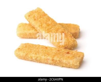 Crunchy breaded fish sticks isolated on white Stock Photo