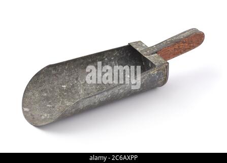 Old metal flour scoop isolated on white Stock Photo