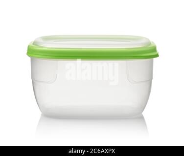 Front view of  food plastic storage container with green lid isolated on white Stock Photo