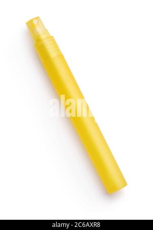 Top view of yellow plastic spray perfume pen stick isolated on white Stock Photo