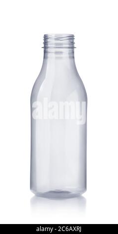 Front view of empty plastic milk bottle isolated on white Stock Photo