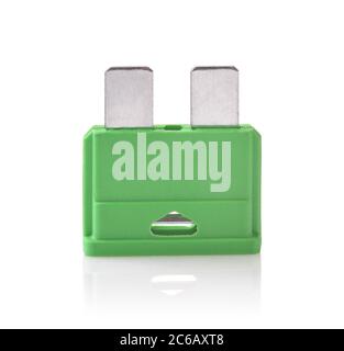 Front view of green standard automotive blade fuse isolated on white Stock Photo