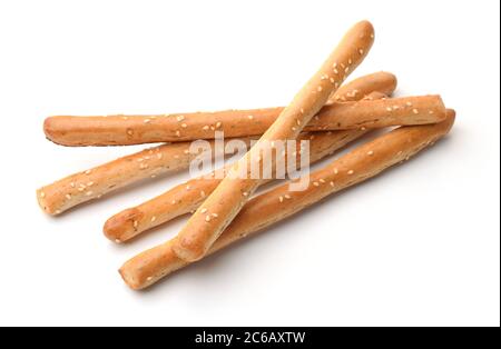 Fresh baked Italian grissini breadsticks isolated on white Stock Photo