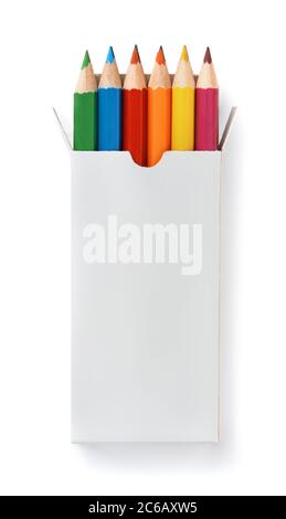 Front view of blank box with color pencils set isolated on white Stock Photo