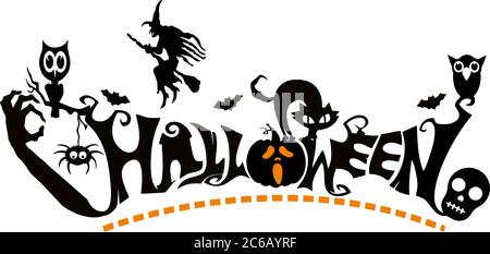 Halloween Text, with witch, ghost, scary pumpkin, bats, tombstone and spiders. VECTOR Stock Vector