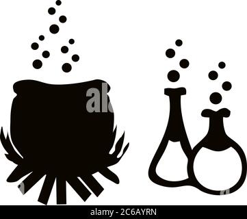 Witch potion cauldron. Potion bottle Vector illustration. Stock Vector