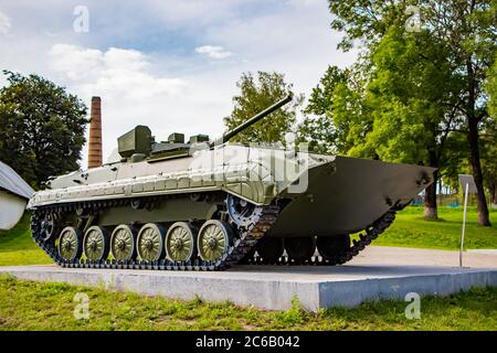 Exhibition of arms under the open sky. Tank of the second world war. Memorial complex in Nesvizh, Belarus. Stock Photo